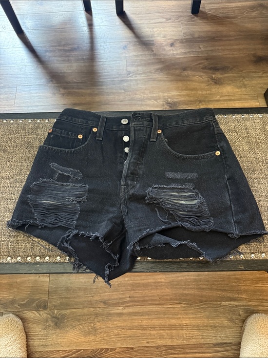 Levi Strauss Signature Pants - High-Rise Black Distressed Denim Shorts - Women